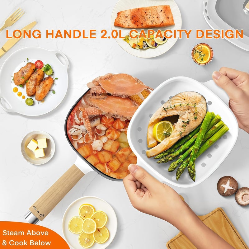 Audecook وعاء ساخن كهربائي 2 لتر، مقلاة غير لاصقة بطبقة خزفية 8 بوصة، طباخ محمول للسفر للرامن/ستيك/أرز مقلي/شوفان/حساء، مع تحكم مزدوج في الطاقة (ملعقة سيليكون مشمولة) - Image 2